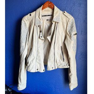 TOPSHOP Cream Leather Pyramid Stud Moto Jacket